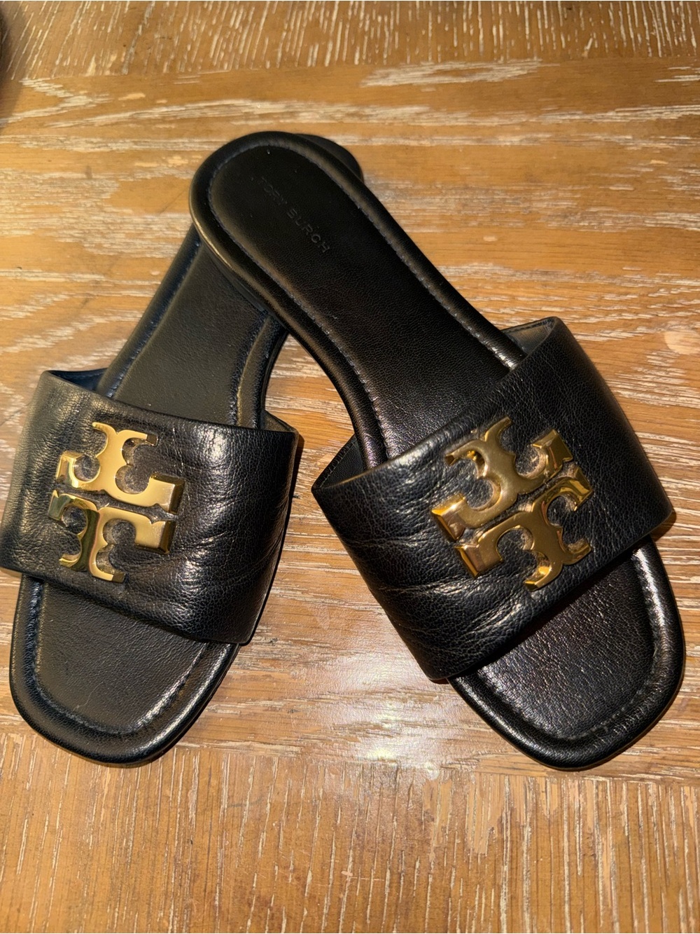 Tory Burch Black Leather Slide with Gold Logo